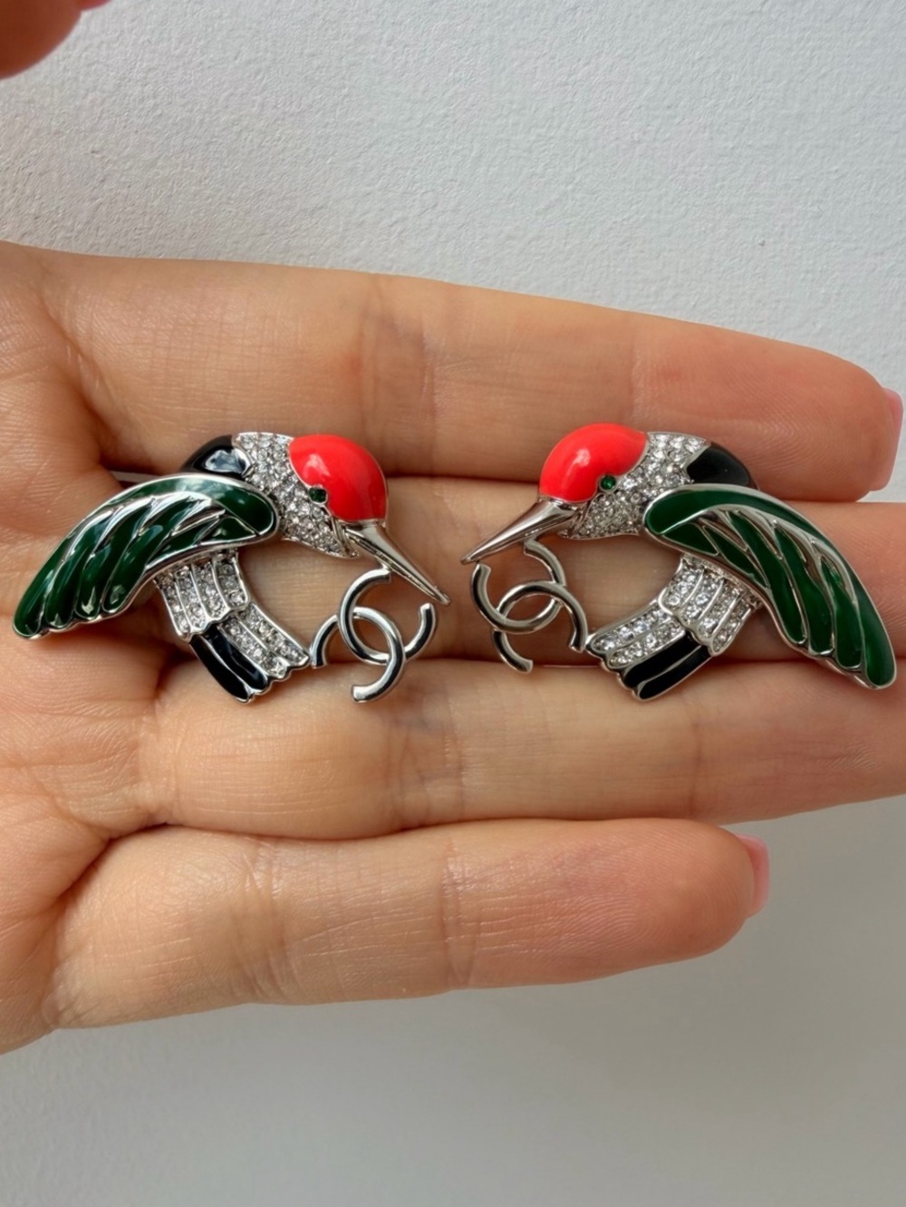 Chanel Bird Earrings in Green & Silver Like New